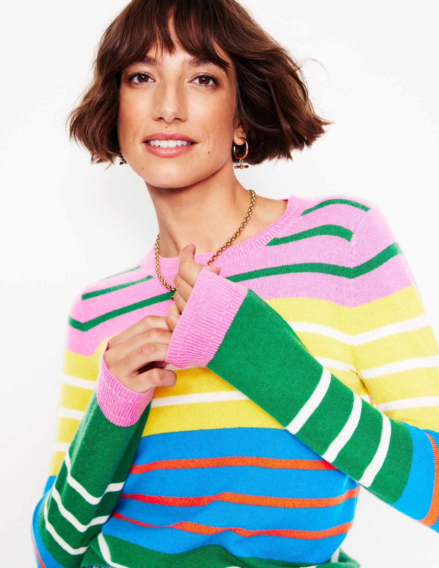 Eva Cashmere Crew Neck Jumper-Green, Pink, Bright Blue Multi