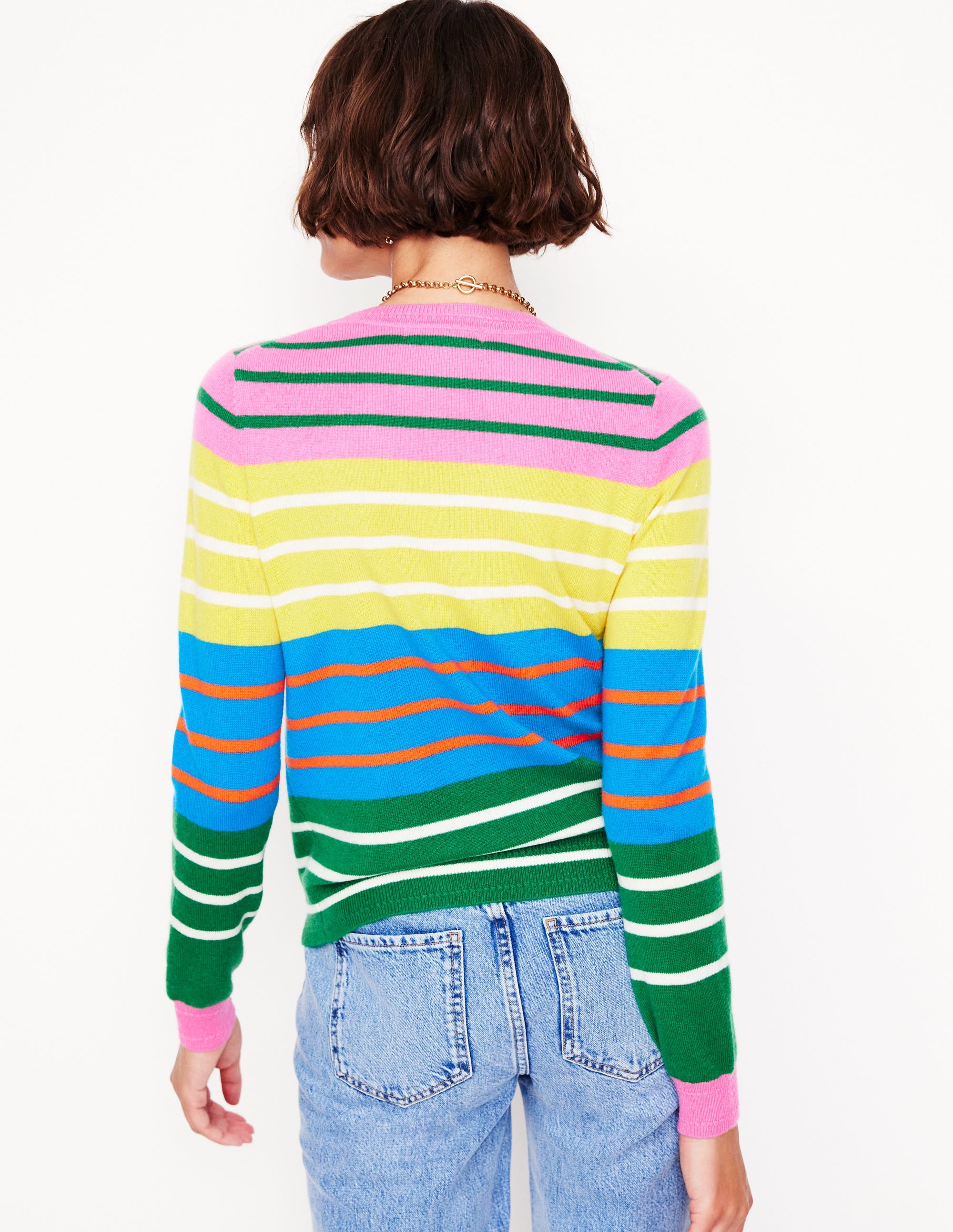 Eva Cashmere Crew Neck Jumper-Green, Pink, Bright Blue Multi - Image 3