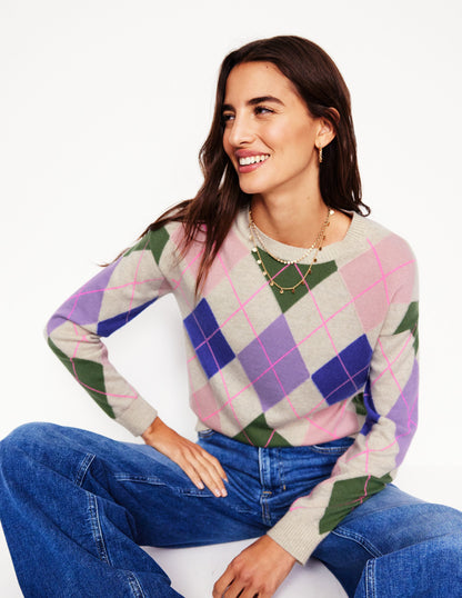 Lydia Cashmere Jumper-Green and Lilac Multi Argyle