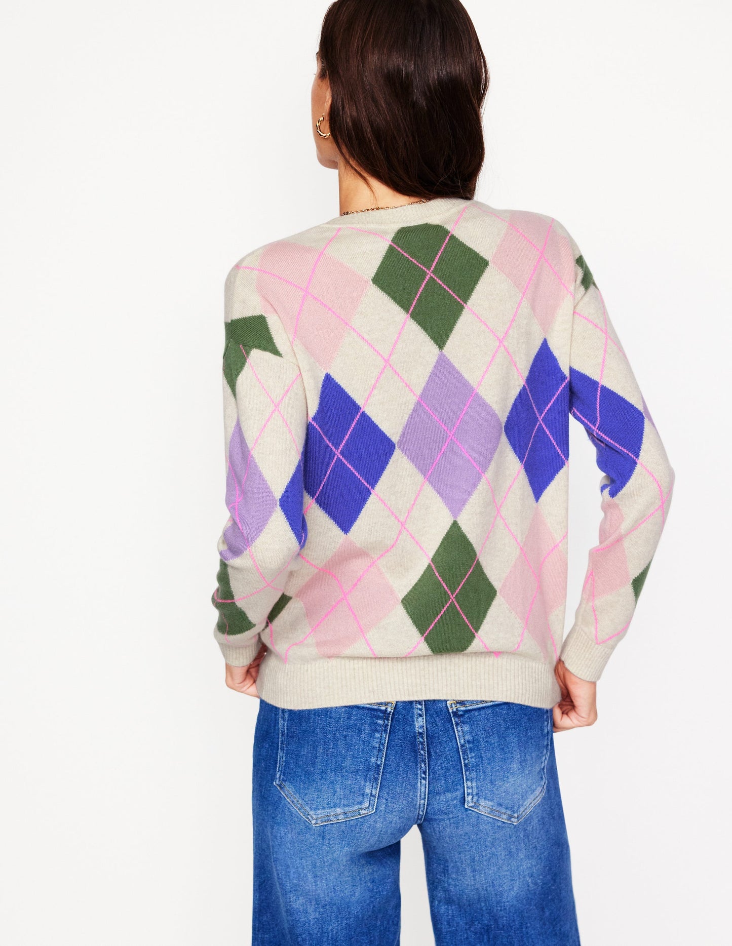 Lydia Cashmere Jumper-Green and Lilac Multi Argyle