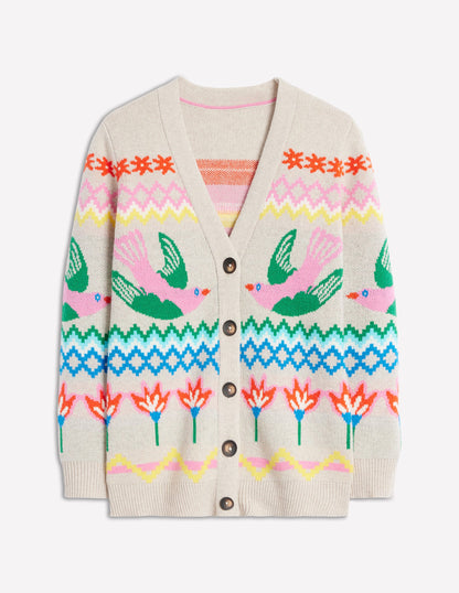 Fair Isle Boyfriend Cardigan-Oatmeal Melange, Birds