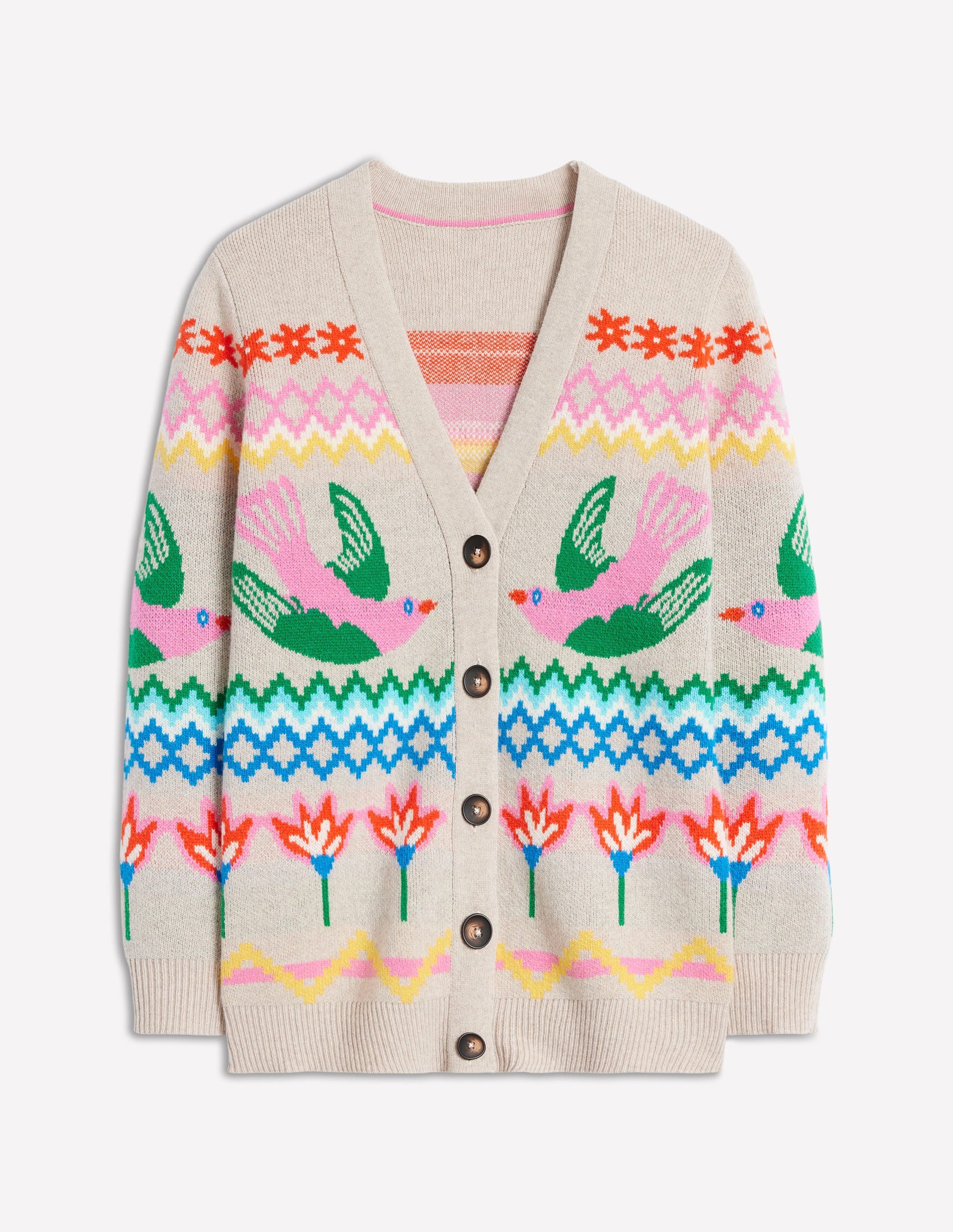 Fair Isle Boyfriend Cardigan-Oatmeal Melange, Birds-6