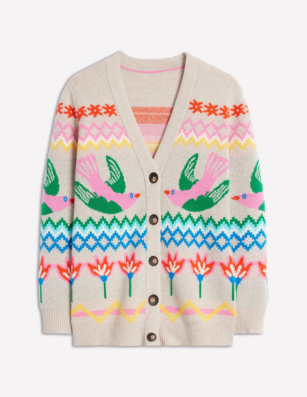 Fair Isle Boyfriend Cardigan-Oatmeal Melange, Birds - Image 6