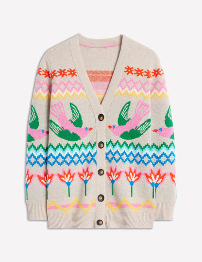 Fair Isle Boyfriend Cardigan-Oatmeal Melange, Birds-6
