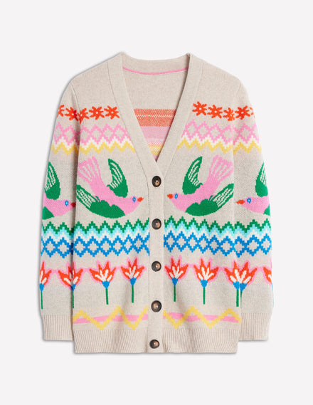 Fair Isle Boyfriend Cardigan-Oatmeal Melange, Birds