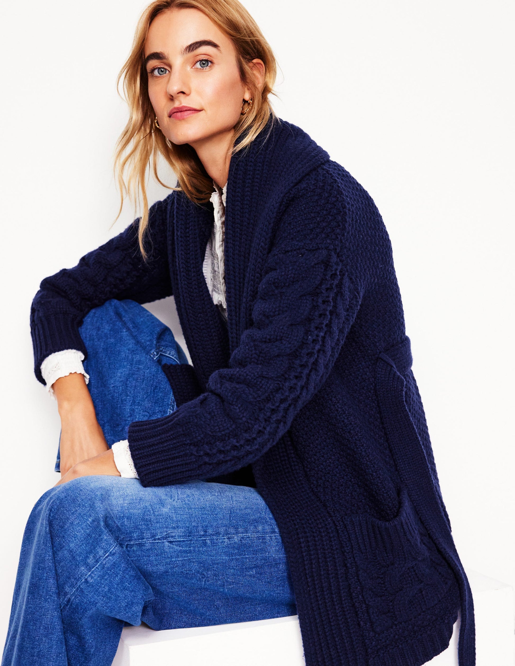Cable Belted Cardigan-Navy-1
