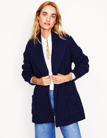 Cable Belted Cardigan-Navy