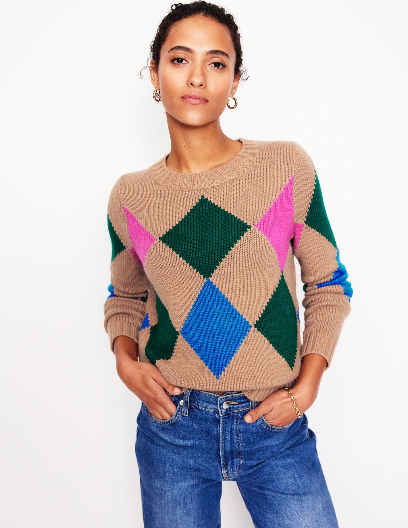 Argyle Crew Neck Jumper-Camel Melange, Multi