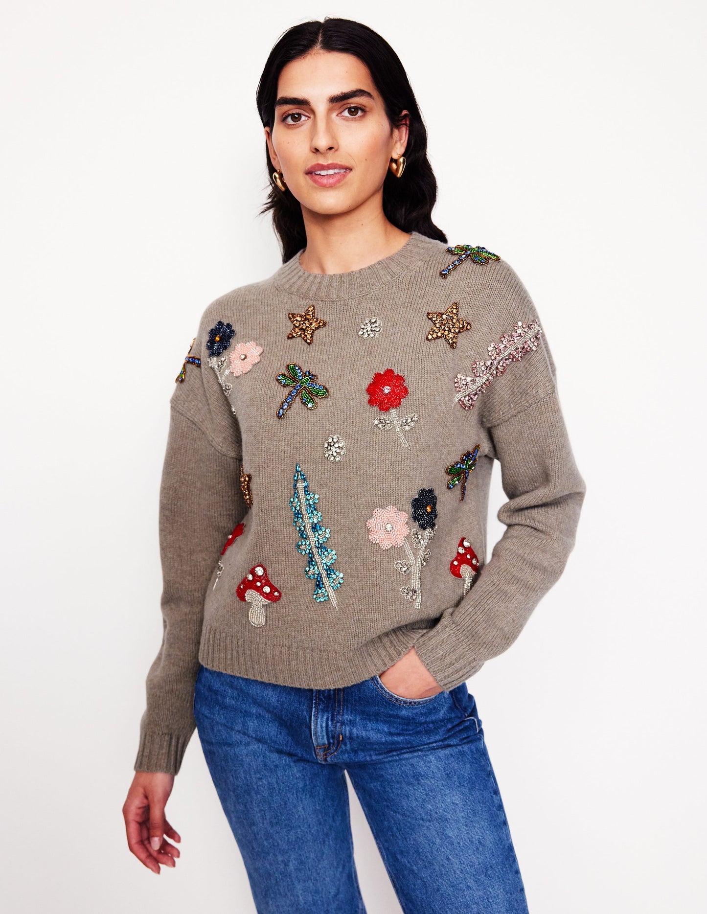 Embellished Sweater-Mink Melange