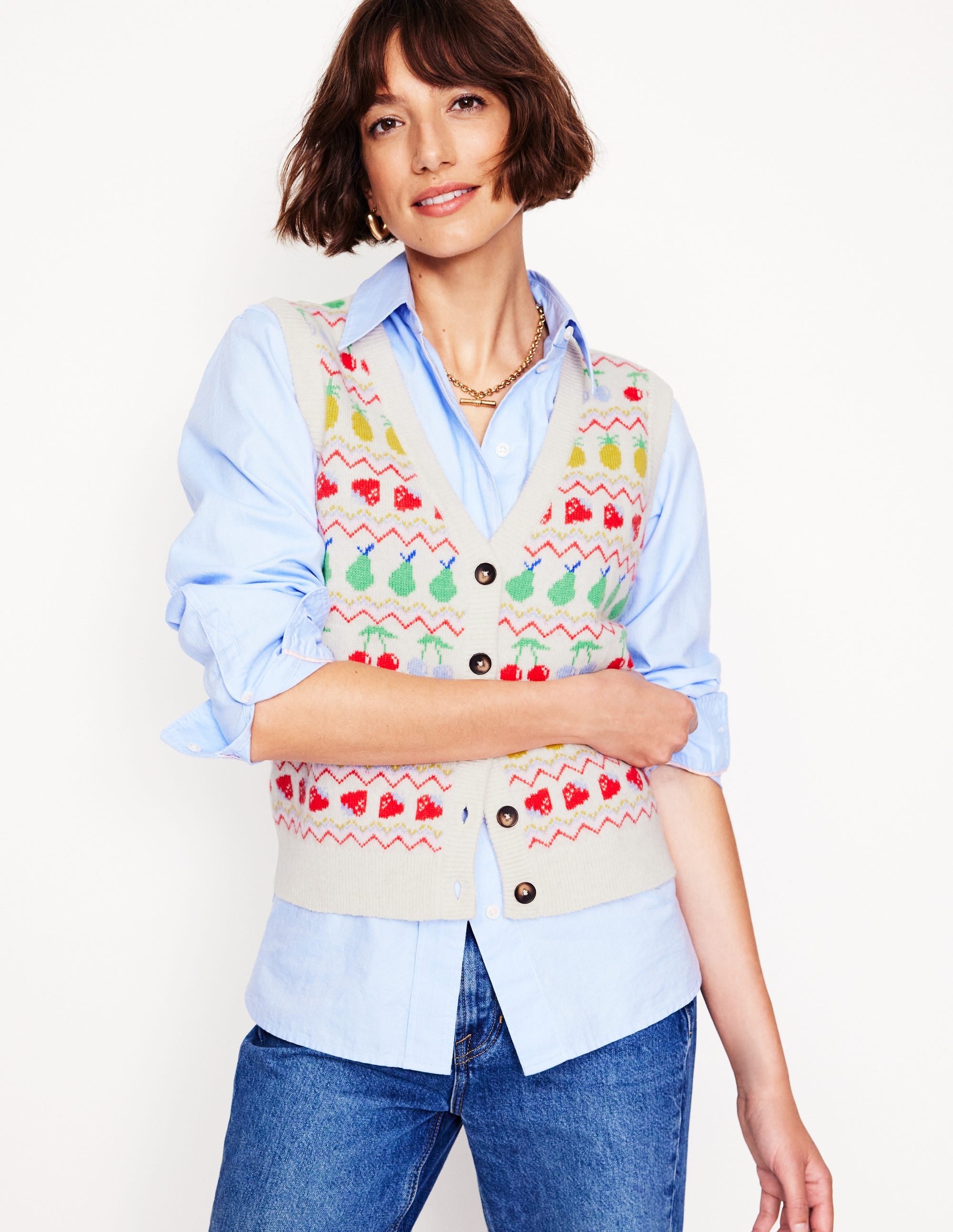 Edie Fair Isle Waistcoat-Ecru Marl, Fruit - Image 1