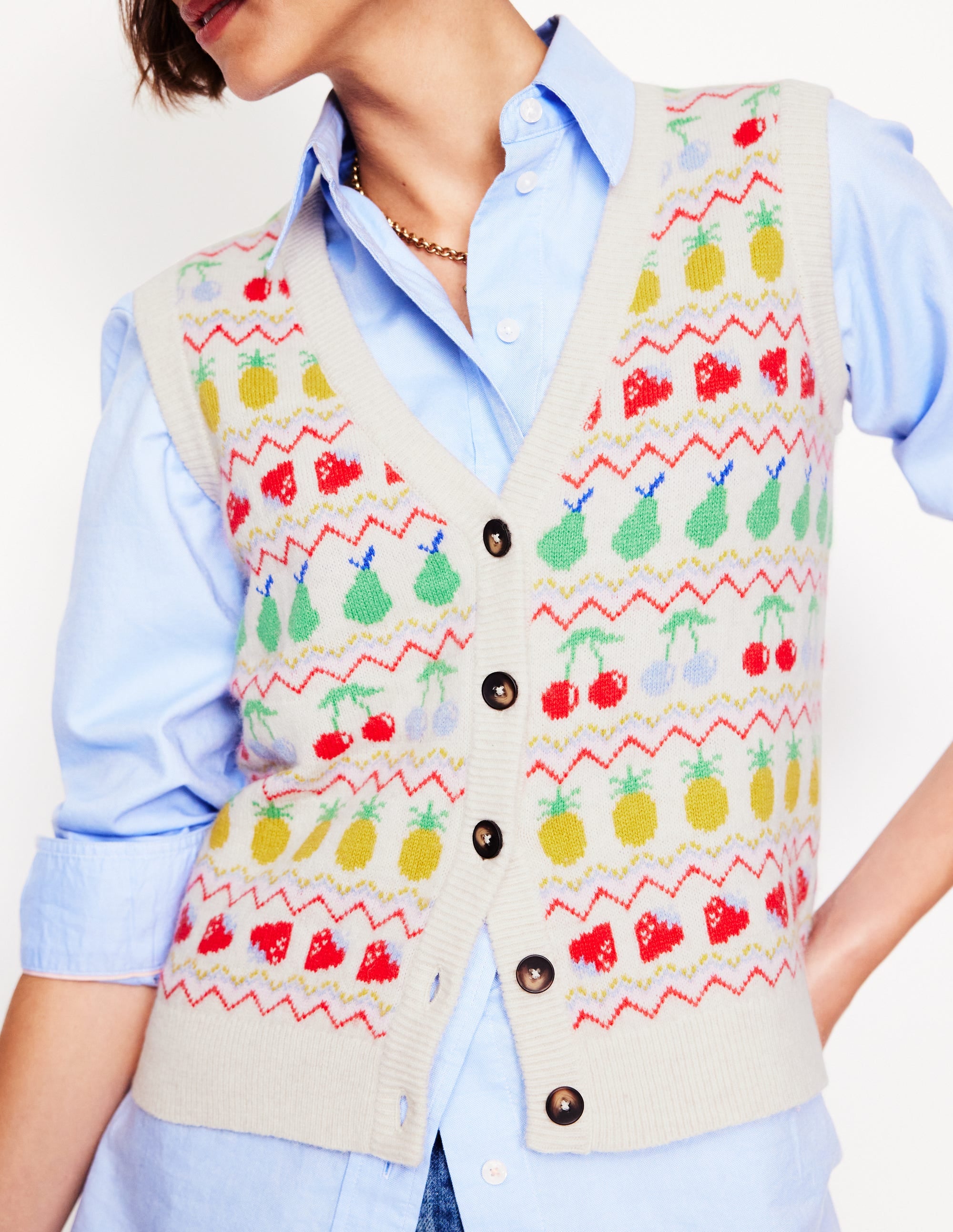 Edie Fair Isle Waistcoat-Ecru Marl, Fruit - Image 2