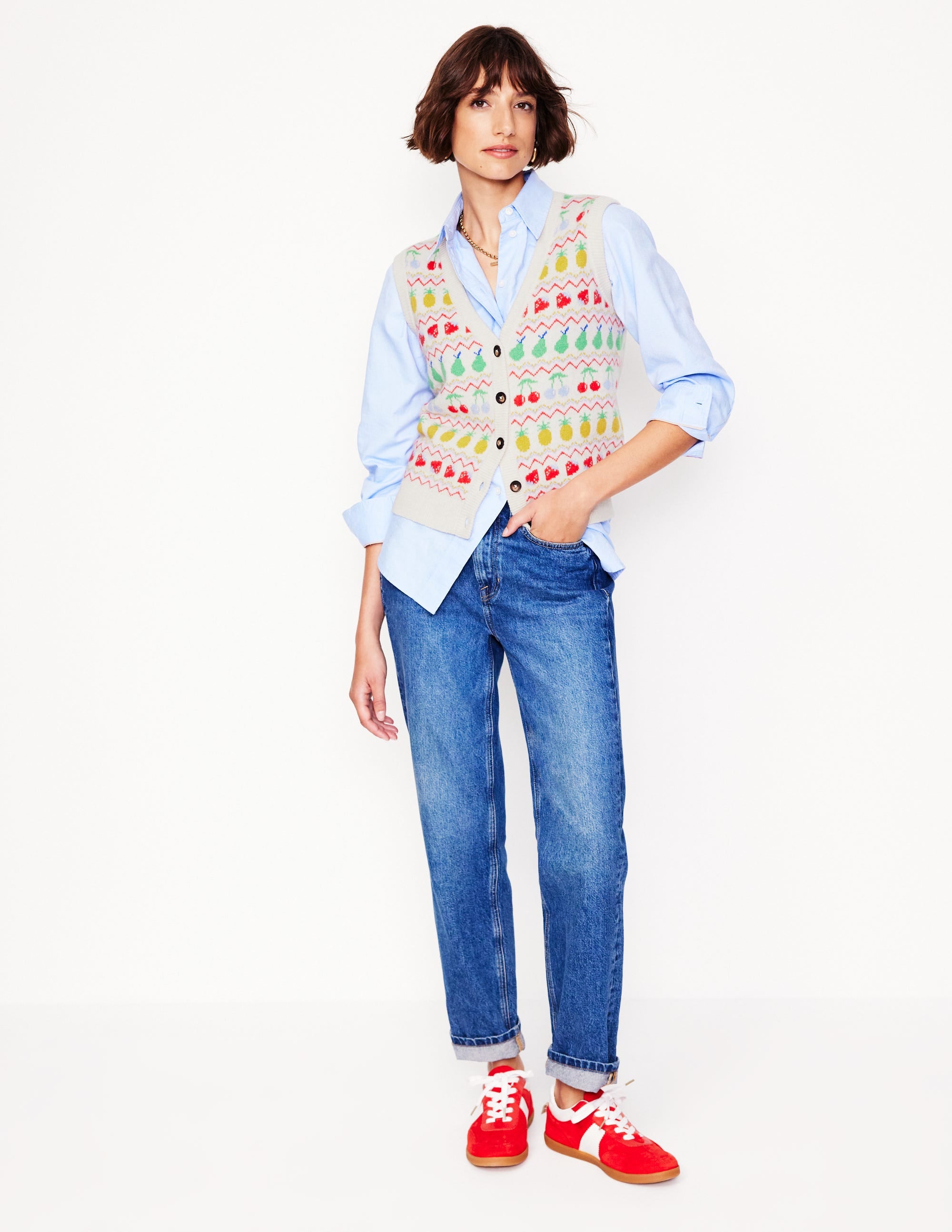 Edie Fair Isle Waistcoat-Ecru Marl, Fruit - Image 4