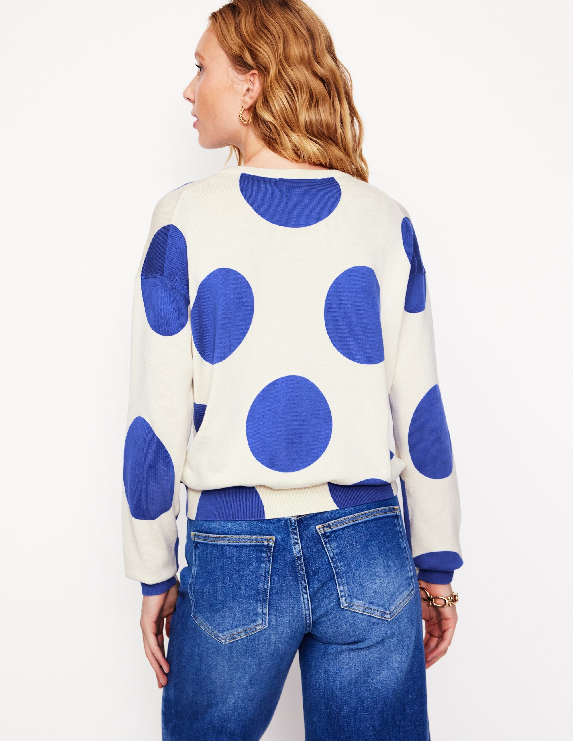 Lara Relaxed Cotton Jumper-Ivory/ Bright Blue Spot - Image 3