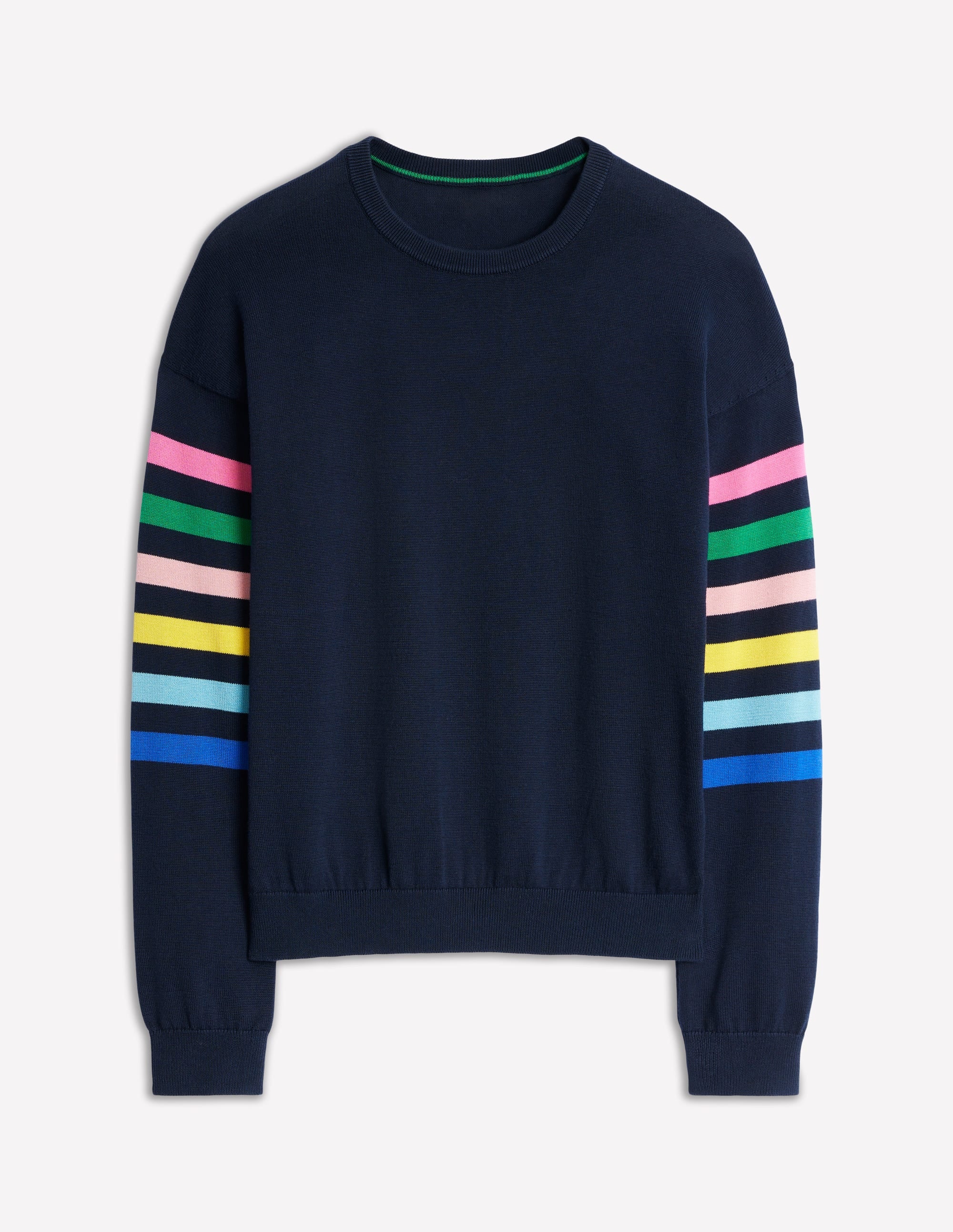 Lara Relaxed Cotton Jumper-Navy Rainbow Sleeve Stripe - Image 6