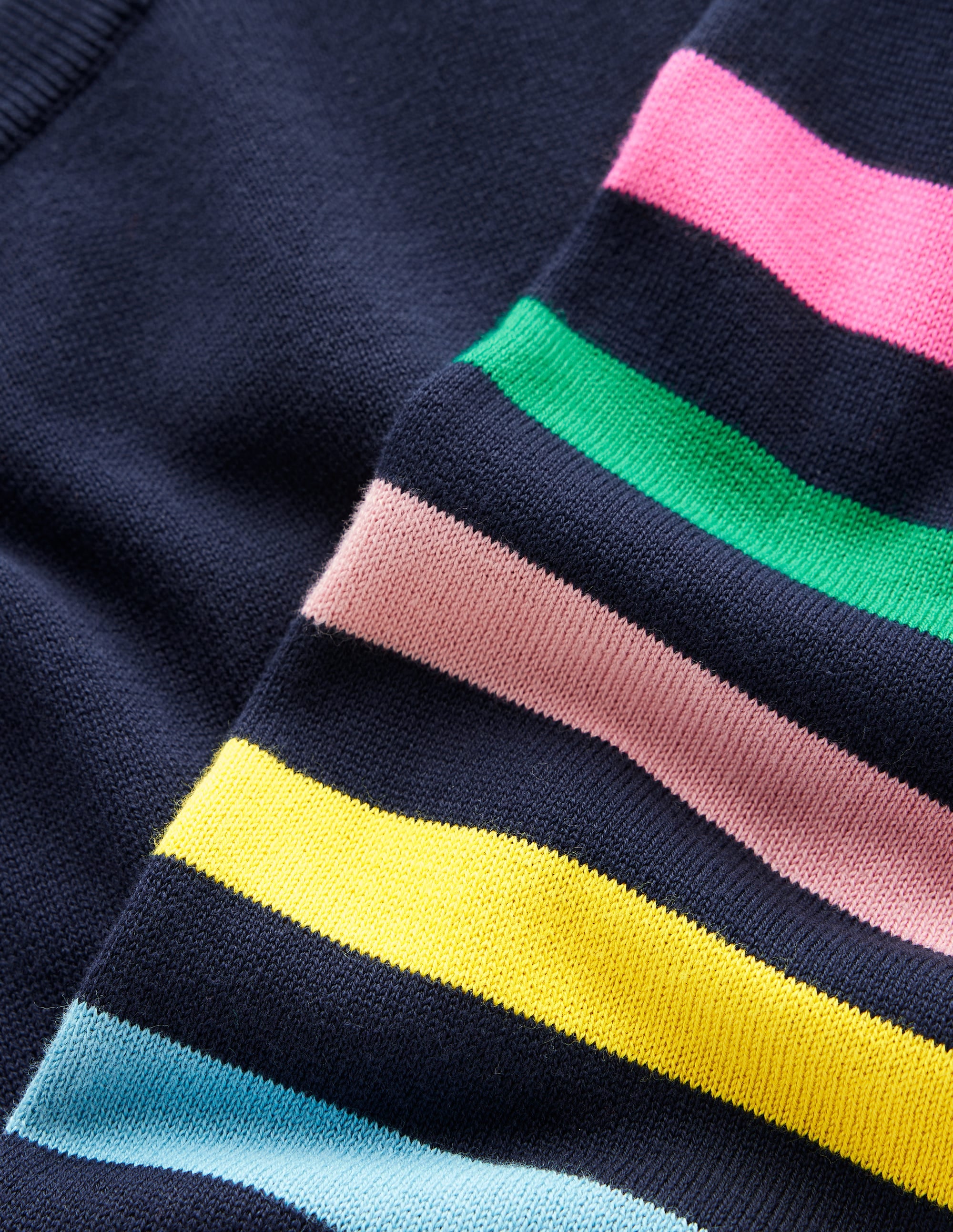 Lara Relaxed Cotton Jumper-Navy Rainbow Sleeve Stripe - Image 7