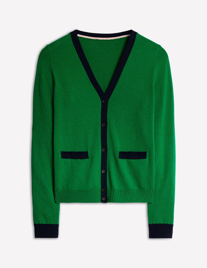 Emilia Cotton V Neck Cardigan-Rich Emerald/Navy