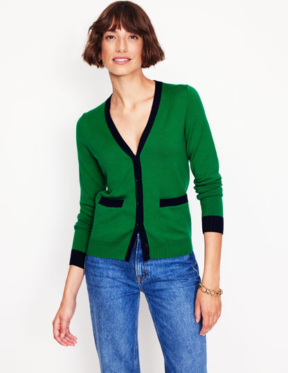 Emilia Cotton V Neck Cardigan-Rich Emerald/Navy