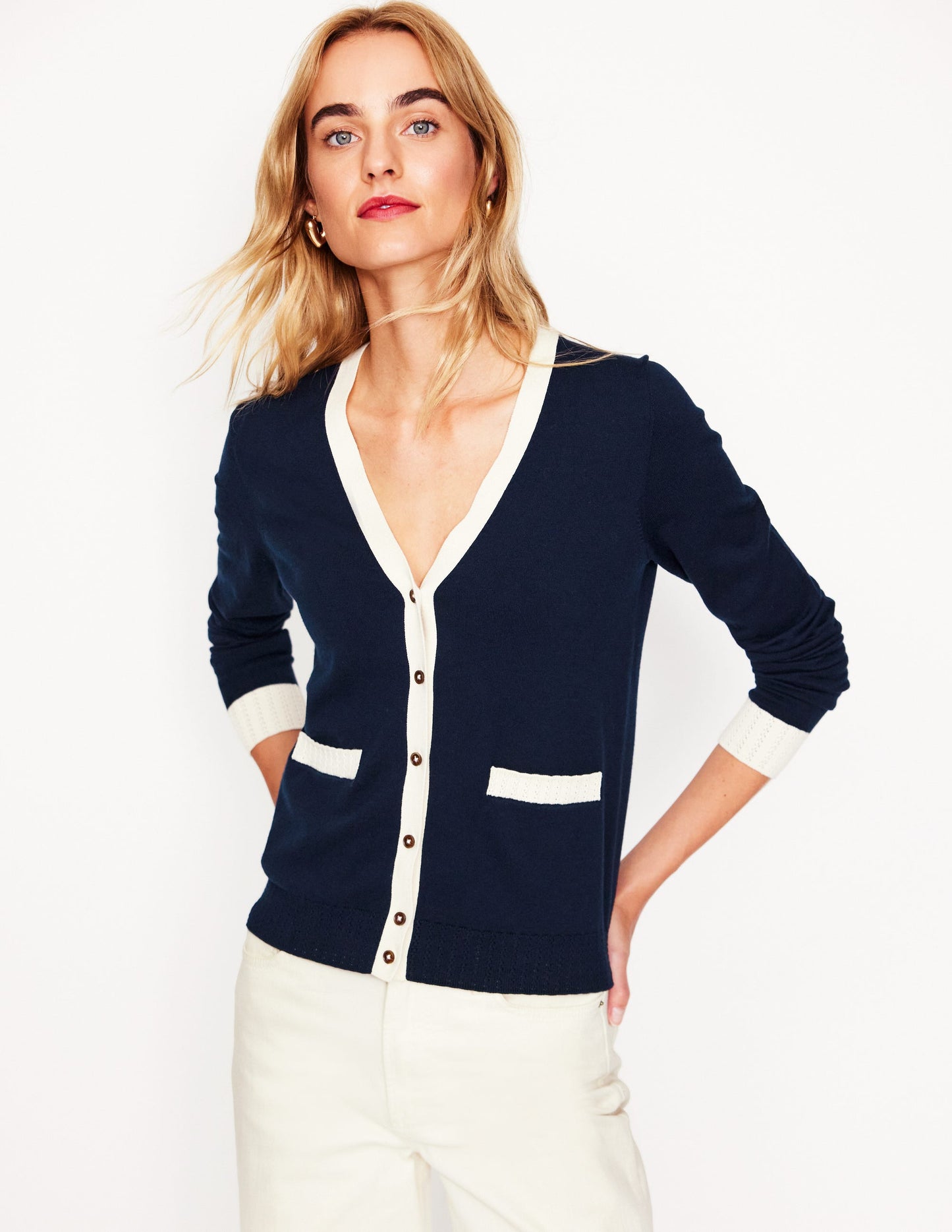 Emilia Cotton V Neck Cardigan-Navy