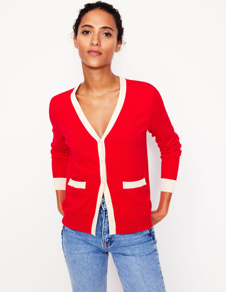 Emilia Cotton V Neck Cardigan-Poppy Red