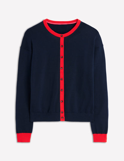 Lara Relaxed Cotton Cardigan-Navy, Poppy Red