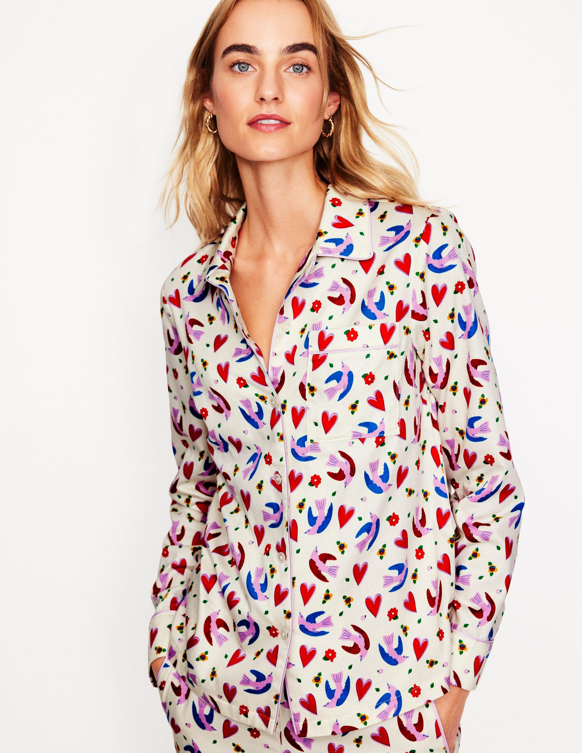 Cotton Sateen Pajama Shirt-Ivory, Heart Flutter - Image 1