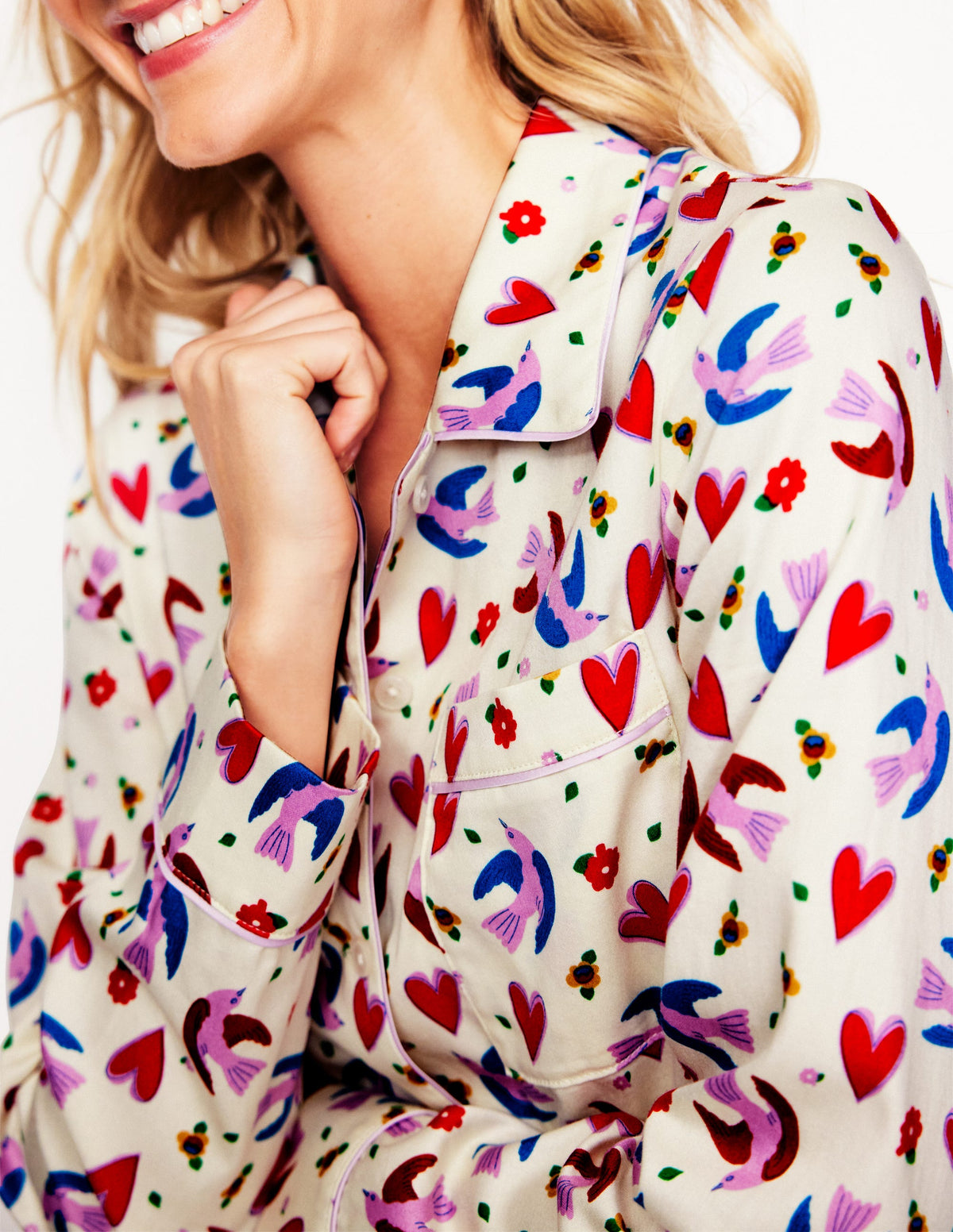Cotton Sateen Pajama Shirt-Ivory, Heart Flutter - Image 2