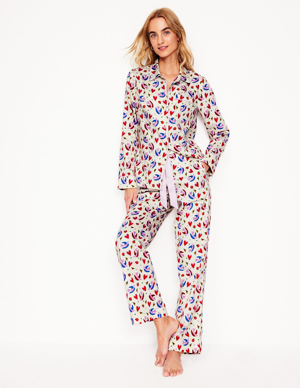 Cotton Sateen Pajama Trousers-Ivory, Heart Flutter - Image 1