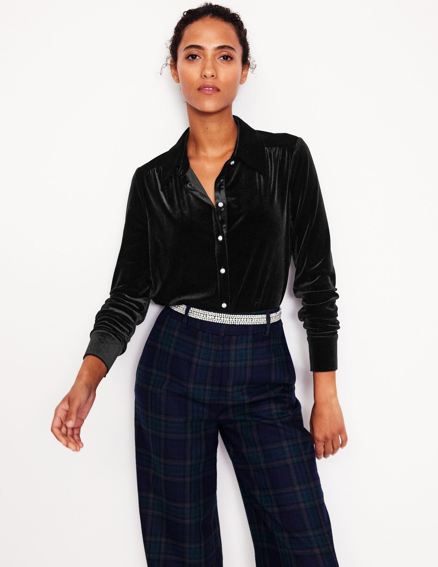 Jewel Button Velvet Shirt-Black