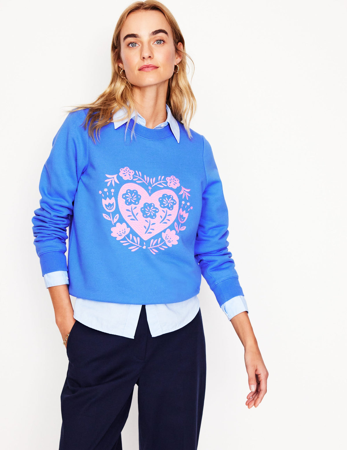 Hannah Embroidered Sweatshirt-Peacock Plume Blue, Hearts - Image 1