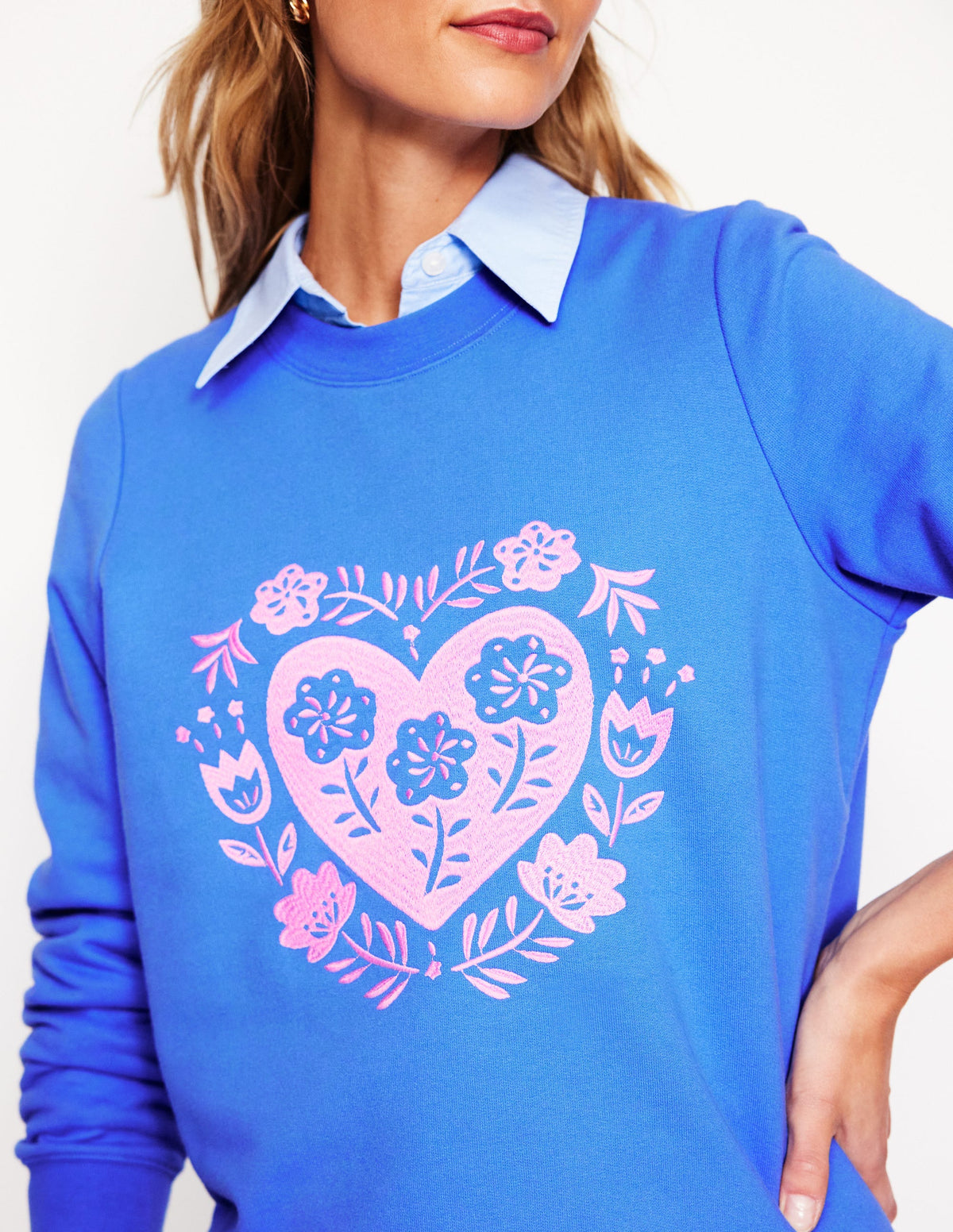 Hannah Embroidered Sweatshirt-Peacock Plume Blue, Hearts - Image 2