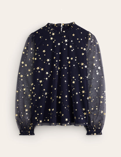 Tulle Blouson Sleeve Top-Navy, Scattered Stars