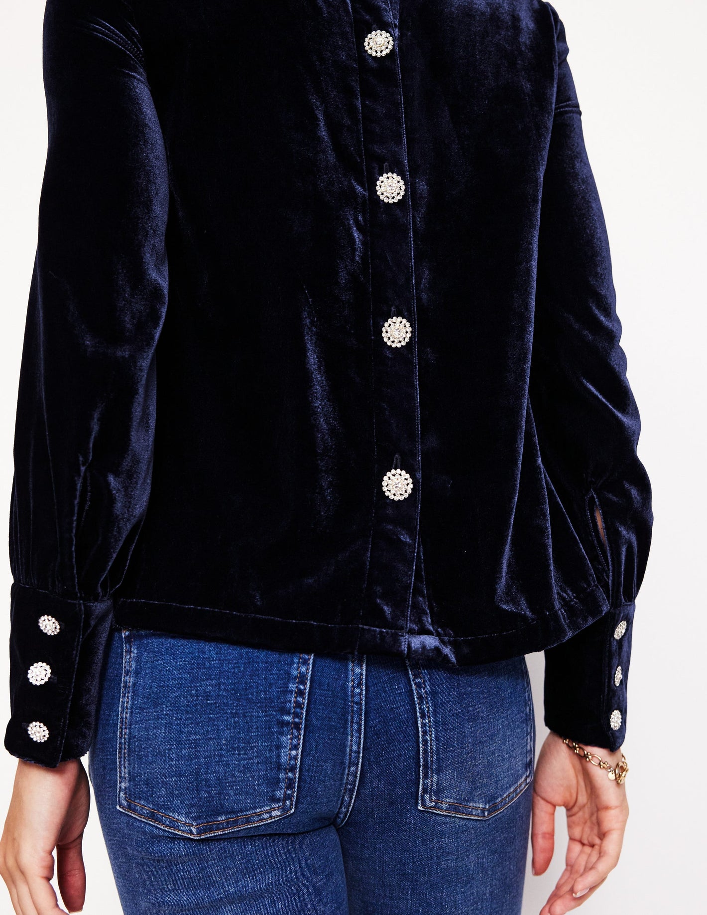 Button Back Velvet Top-Navy