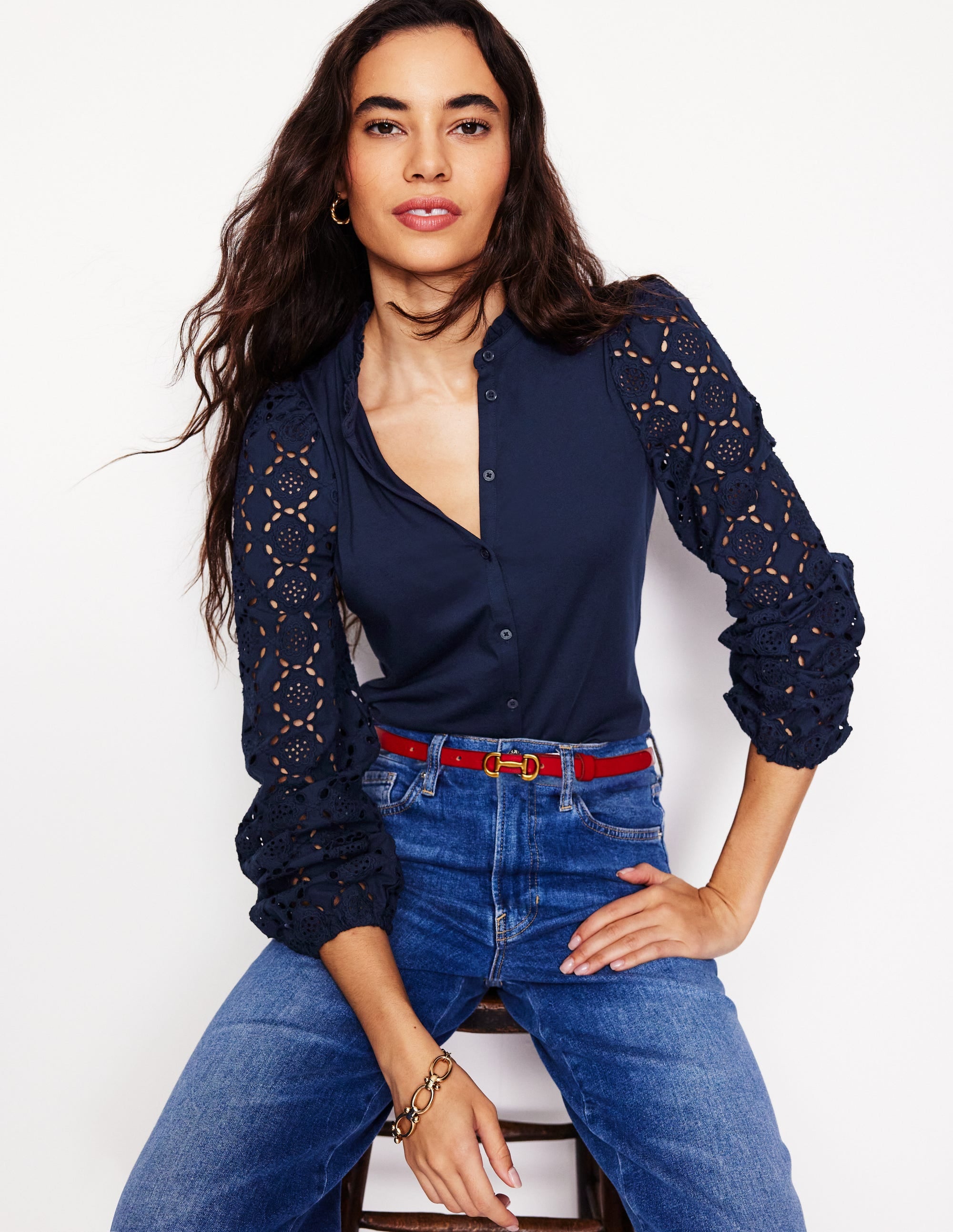Eden Broderie Blouse-Navy - Image 1