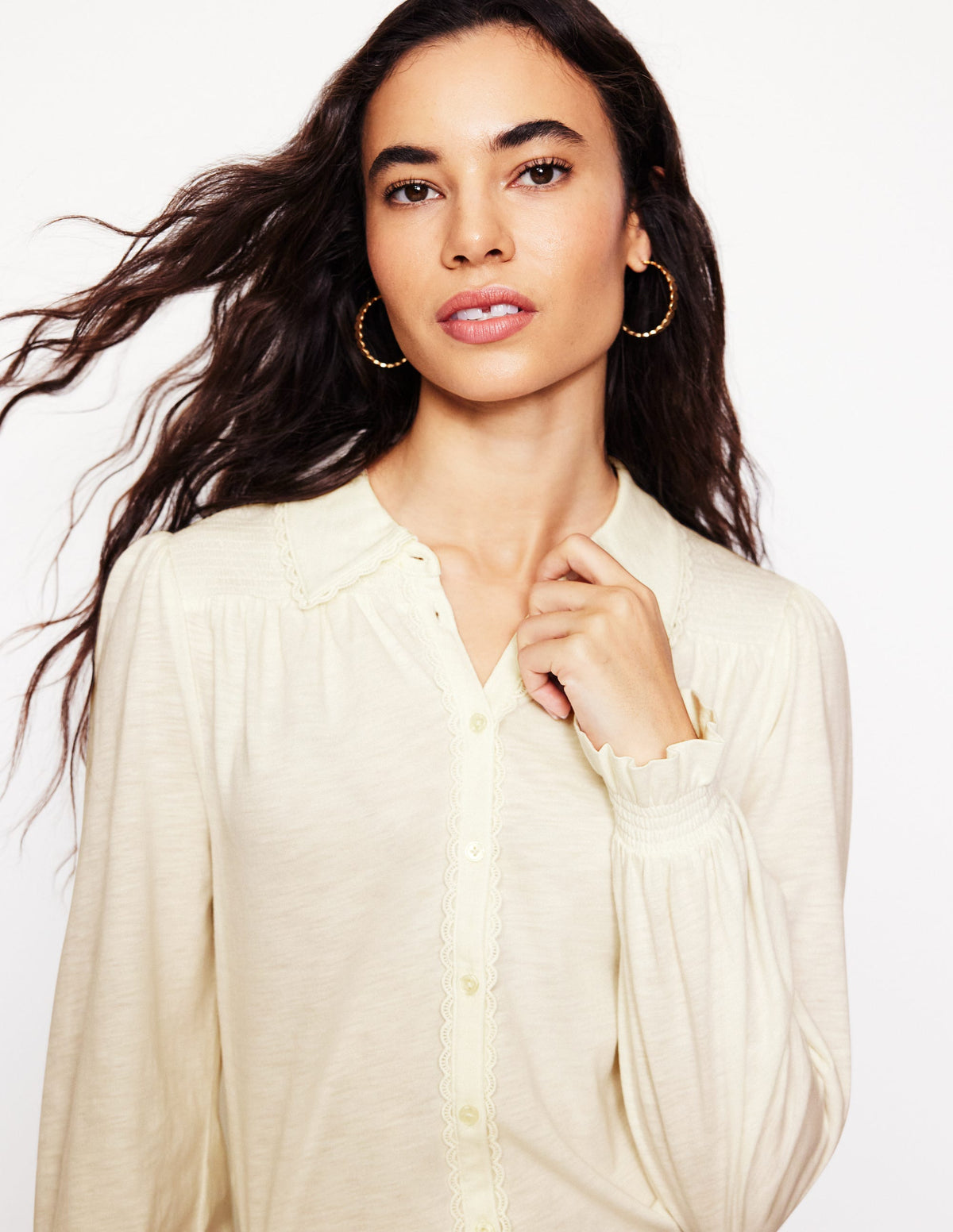Smocked Jersey Shirt-Ivory - Image 1