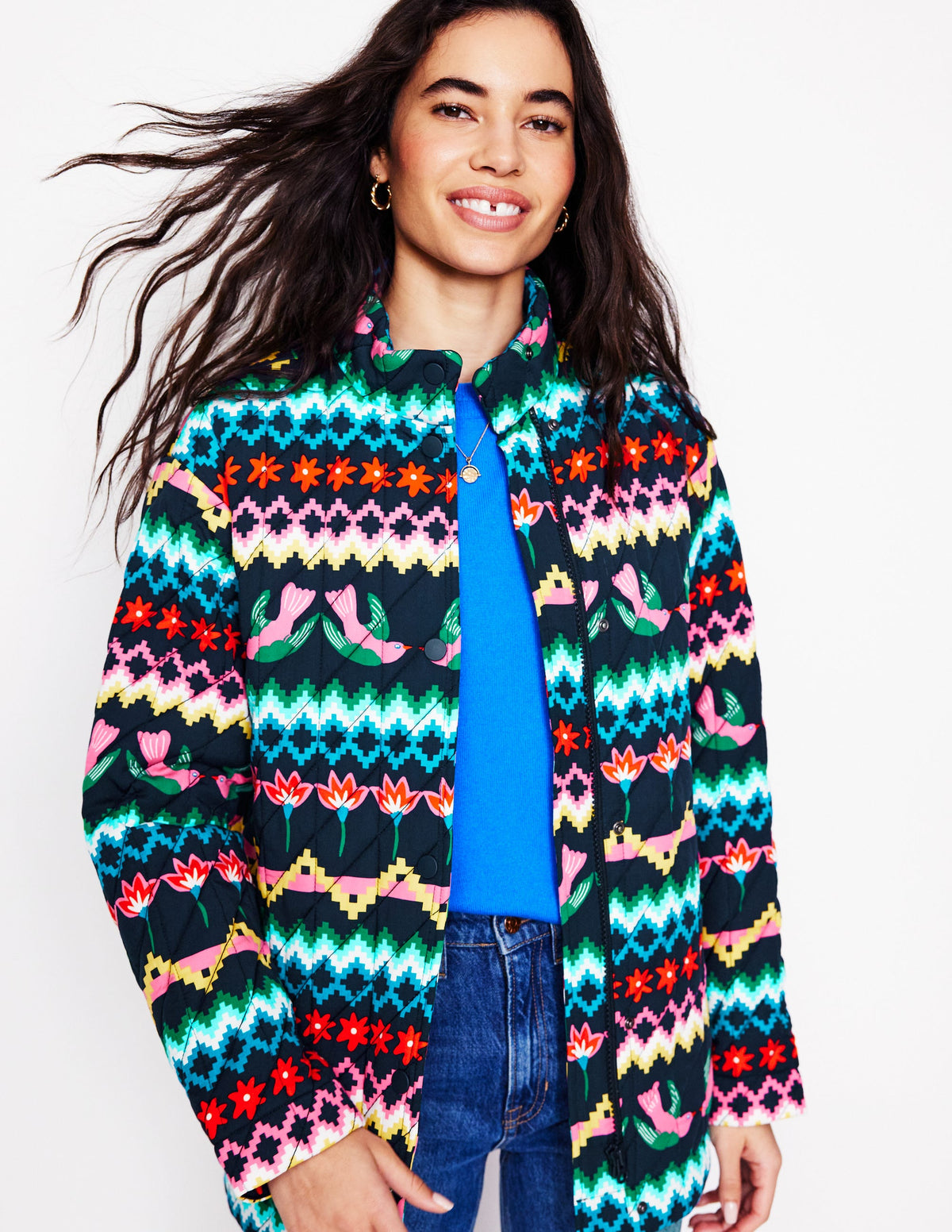 Oversized Quilted Jacket-French Navy, Decorative Garden - Image 1