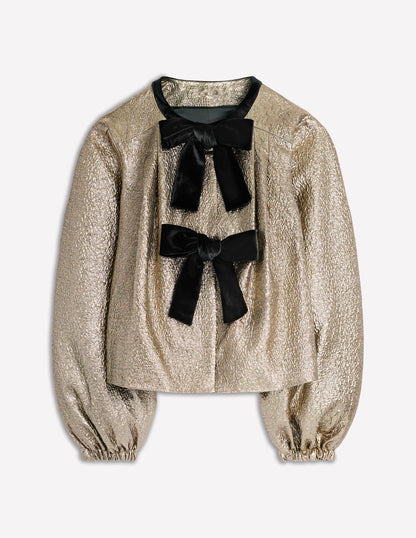 Jacquard Bow Detail Jacket-Gold