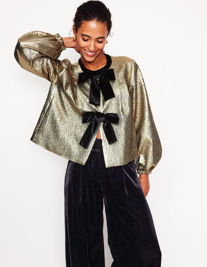 Jacquard Bow Detail Jacket-Gold