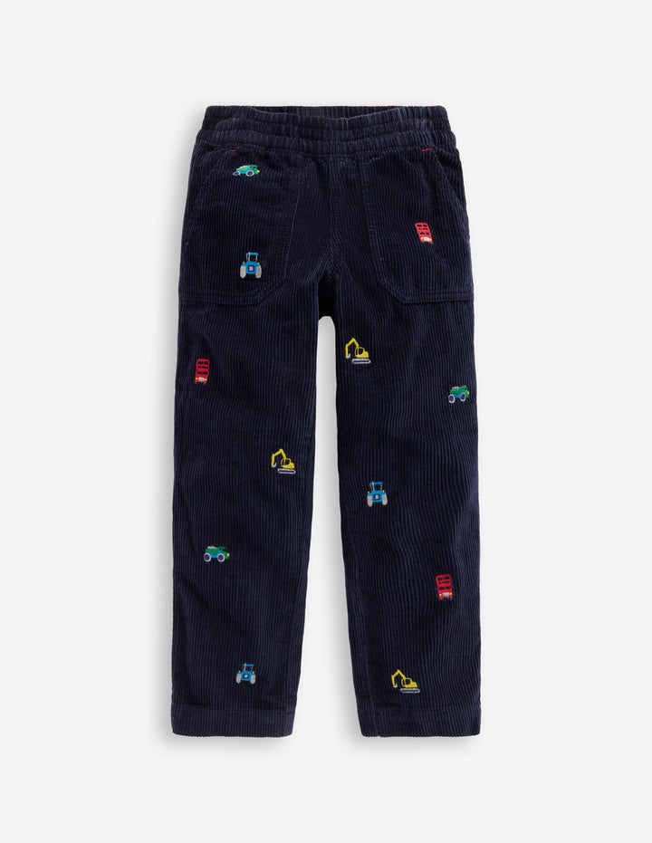 Pull-on Cord Pants-Construction Embroidery