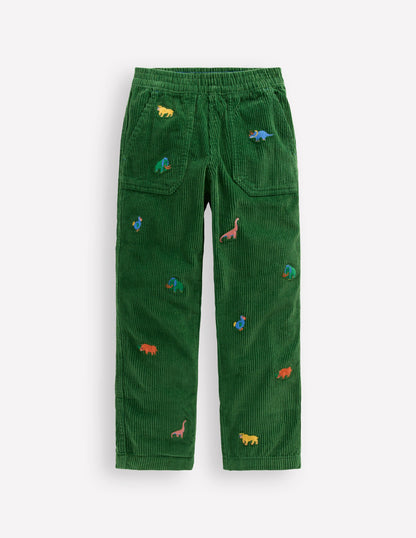 Pull-on Cord Pants-Prehistoric Animals Embroidery-1