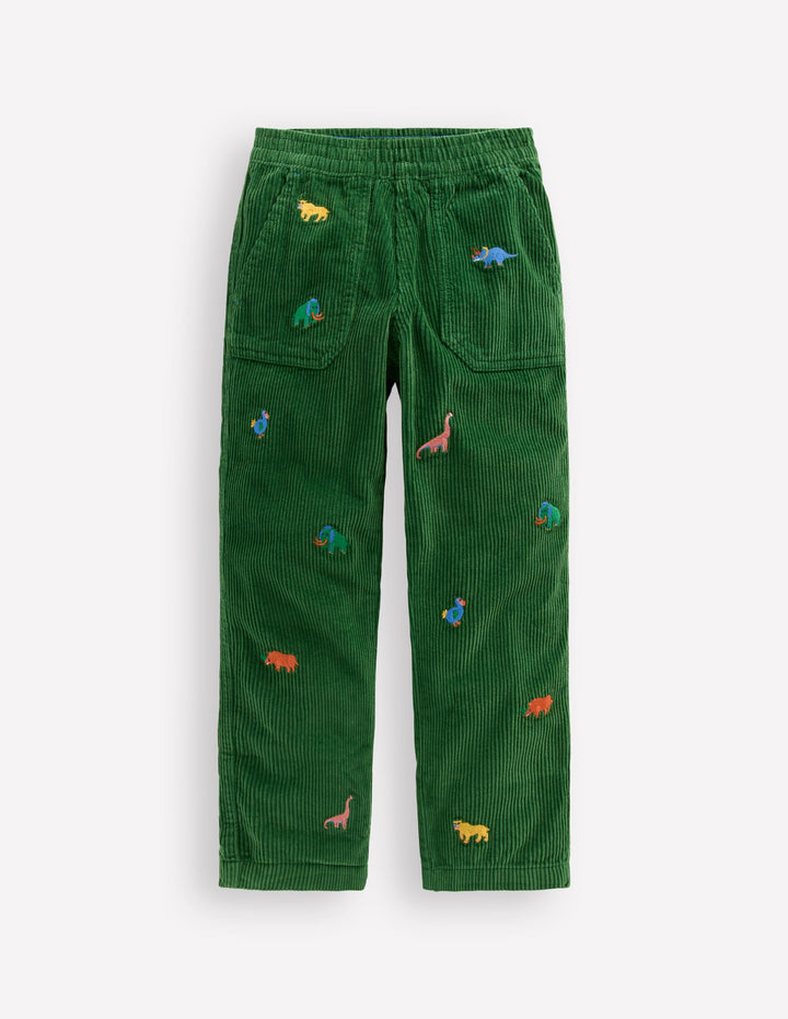 Pull-on Cord Pants-Prehistoric Animals Embroidery