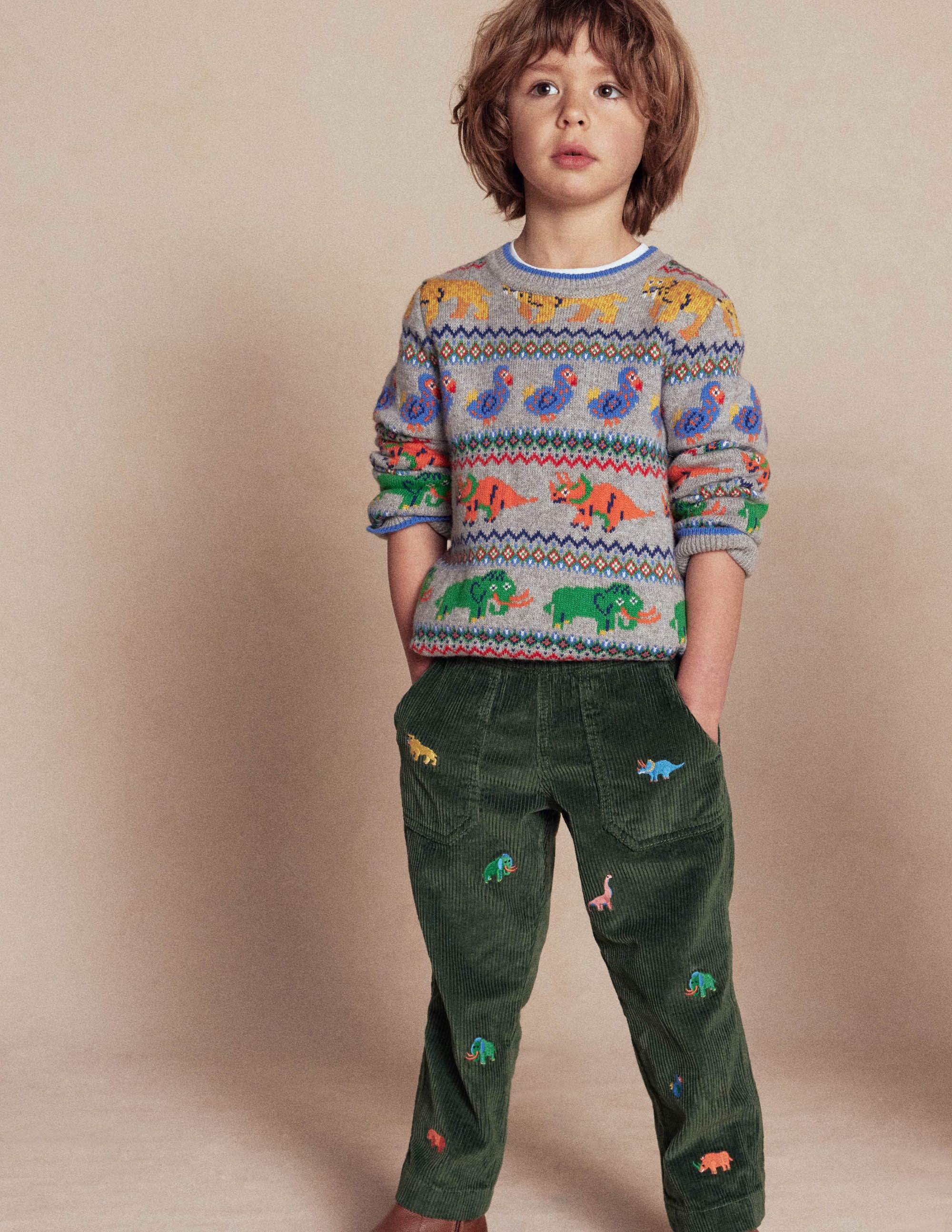 Pull-on Cord Pants-Prehistoric Animals Embroidery - Image 4