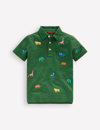 Embroidered Slub Polo Shirt-Prehistoric Animals Embroidery-1