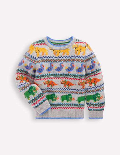 Fair Isle Jumper-Grey Marl Prehistoric Animals-1
