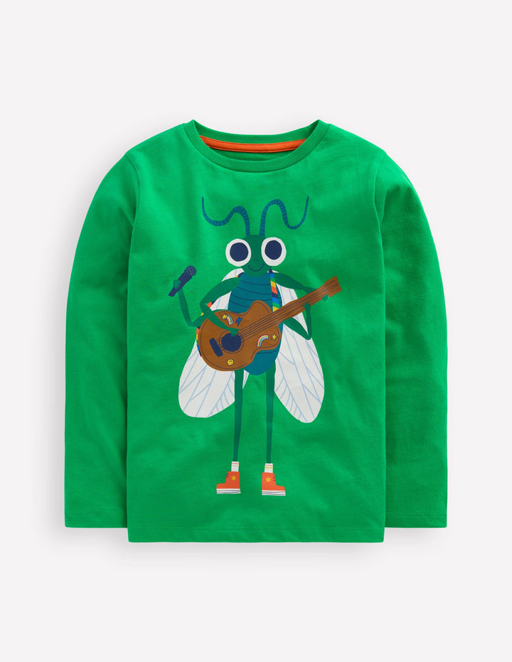 Long Sleeve Novelty T-shirt-Sapling Green Music Bug