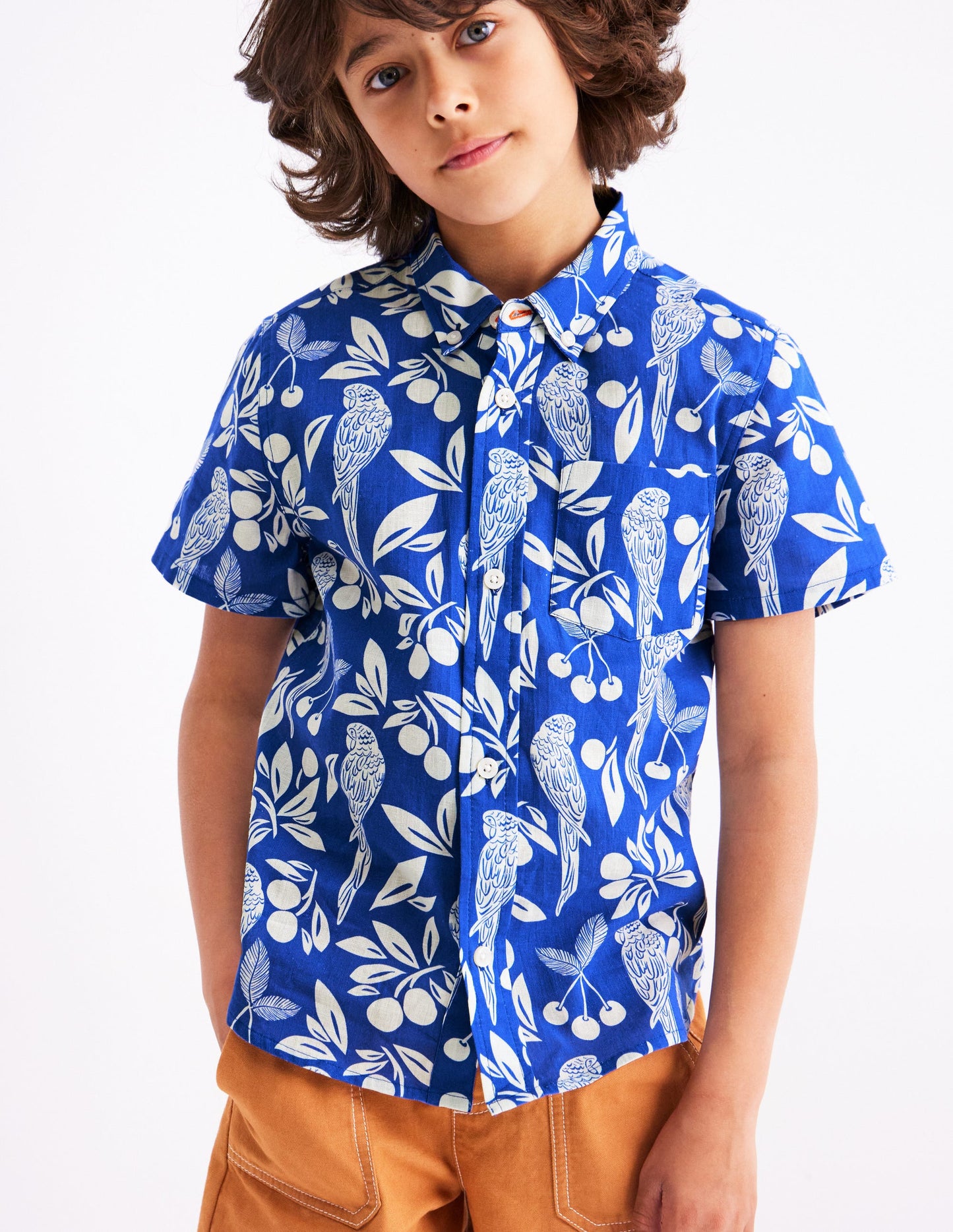Cotton Linen Shirt-Blue Parrot Palm