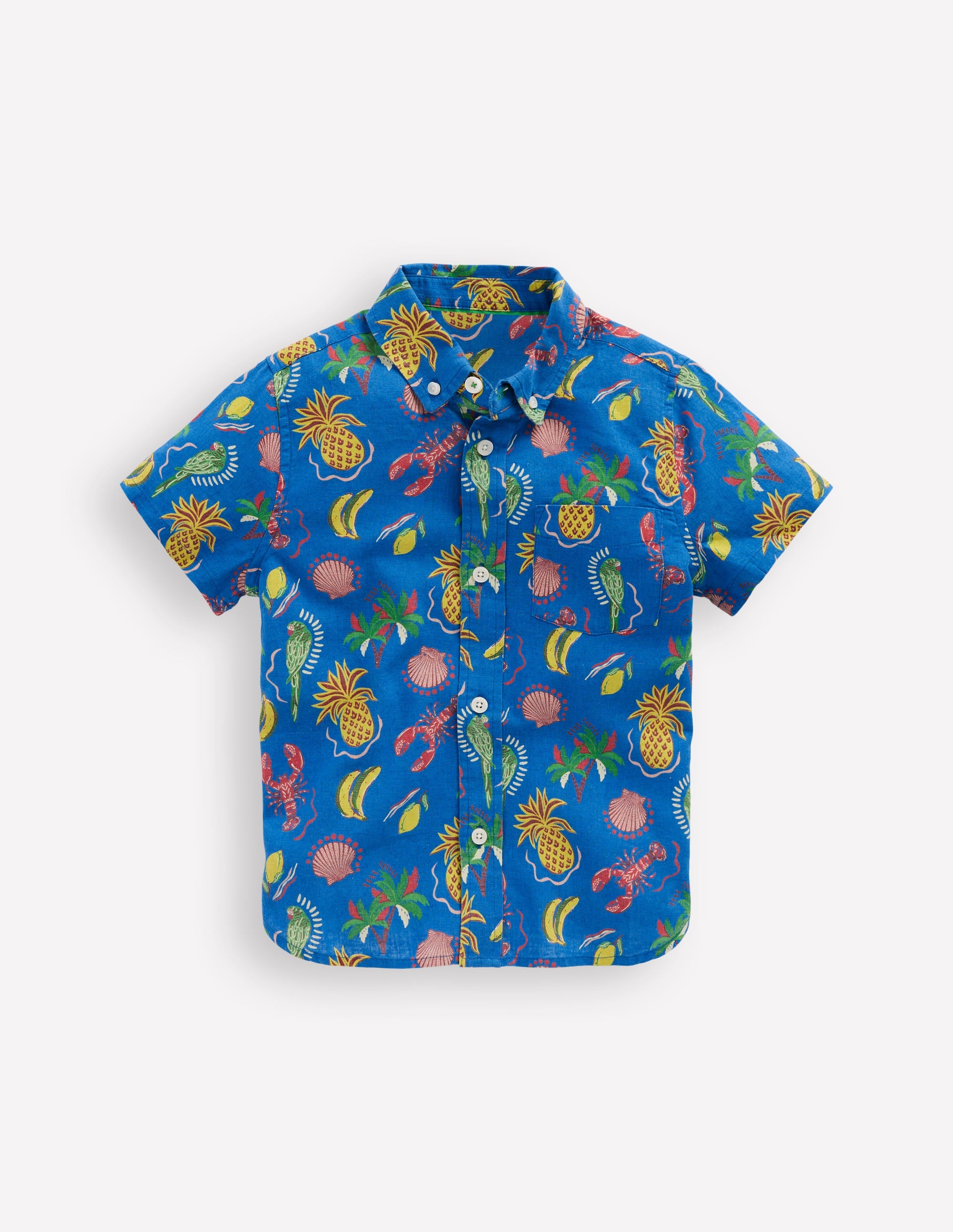 Cotton Linen Shirt-Bright Blue Tropical Print - Image 1