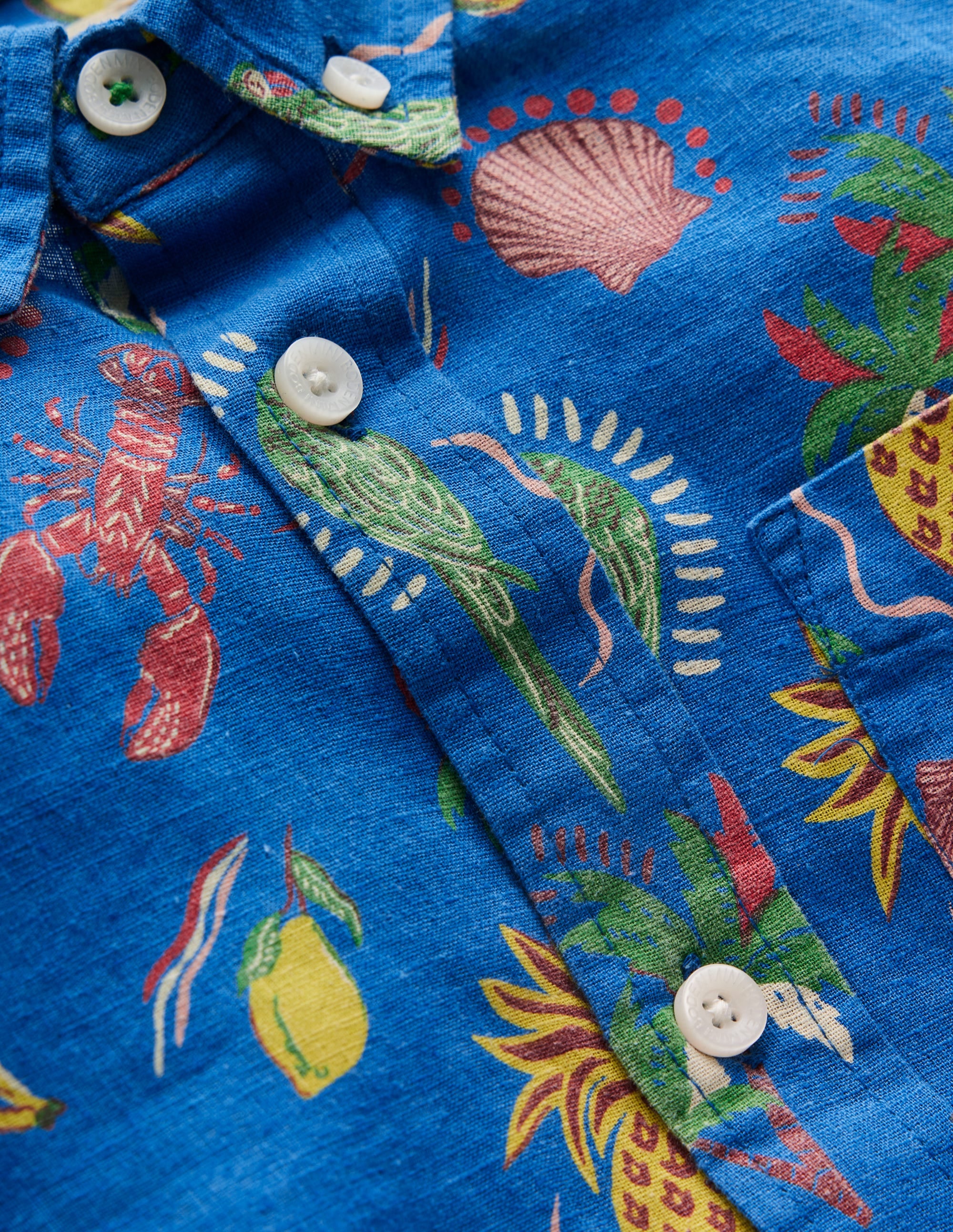 Cotton Linen Shirt-Bright Blue Tropical Print - Image 3