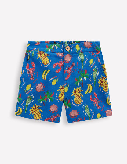 Cotton Linen Shorts-Bright Blue Tropical Tile-1