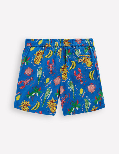 Cotton Linen Shorts-Bright Blue Tropical Tile-2