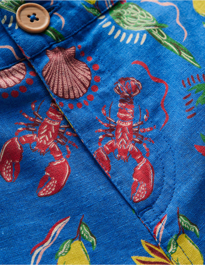 Cotton Linen Shorts-Bright Blue Tropical Tile-3